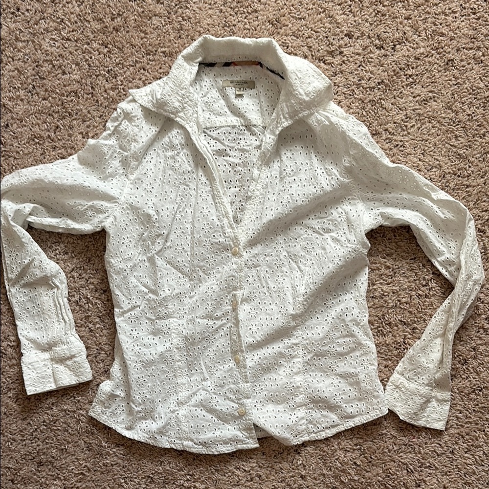 White Eyelet Burberry Button-Up Shirt (open to price negotiation)